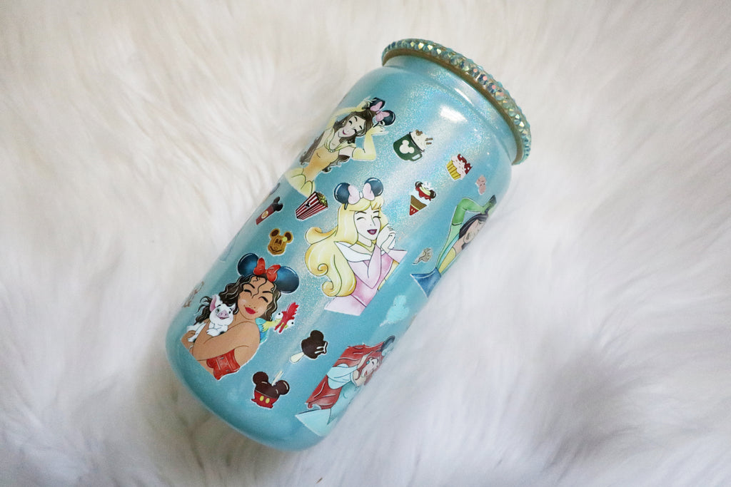 12oz Glass Can Bling Lid Tumbler - Princesses (Oopsie Tumbler - Pls Read Description)