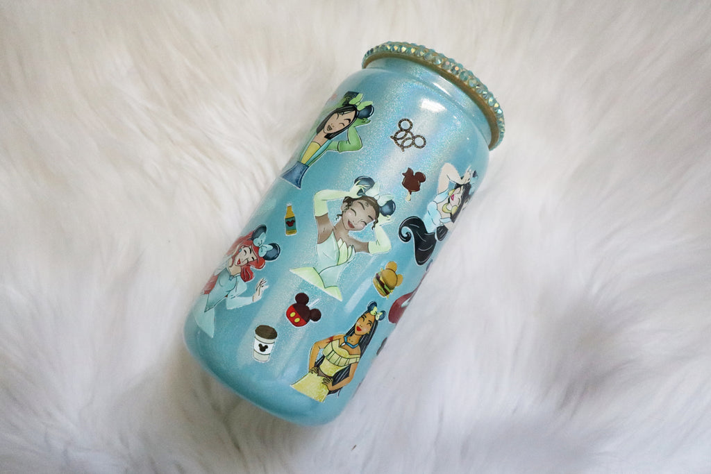 12oz Glass Can Bling Lid Tumbler - Princesses (Oopsie Tumbler - Pls Read Description)