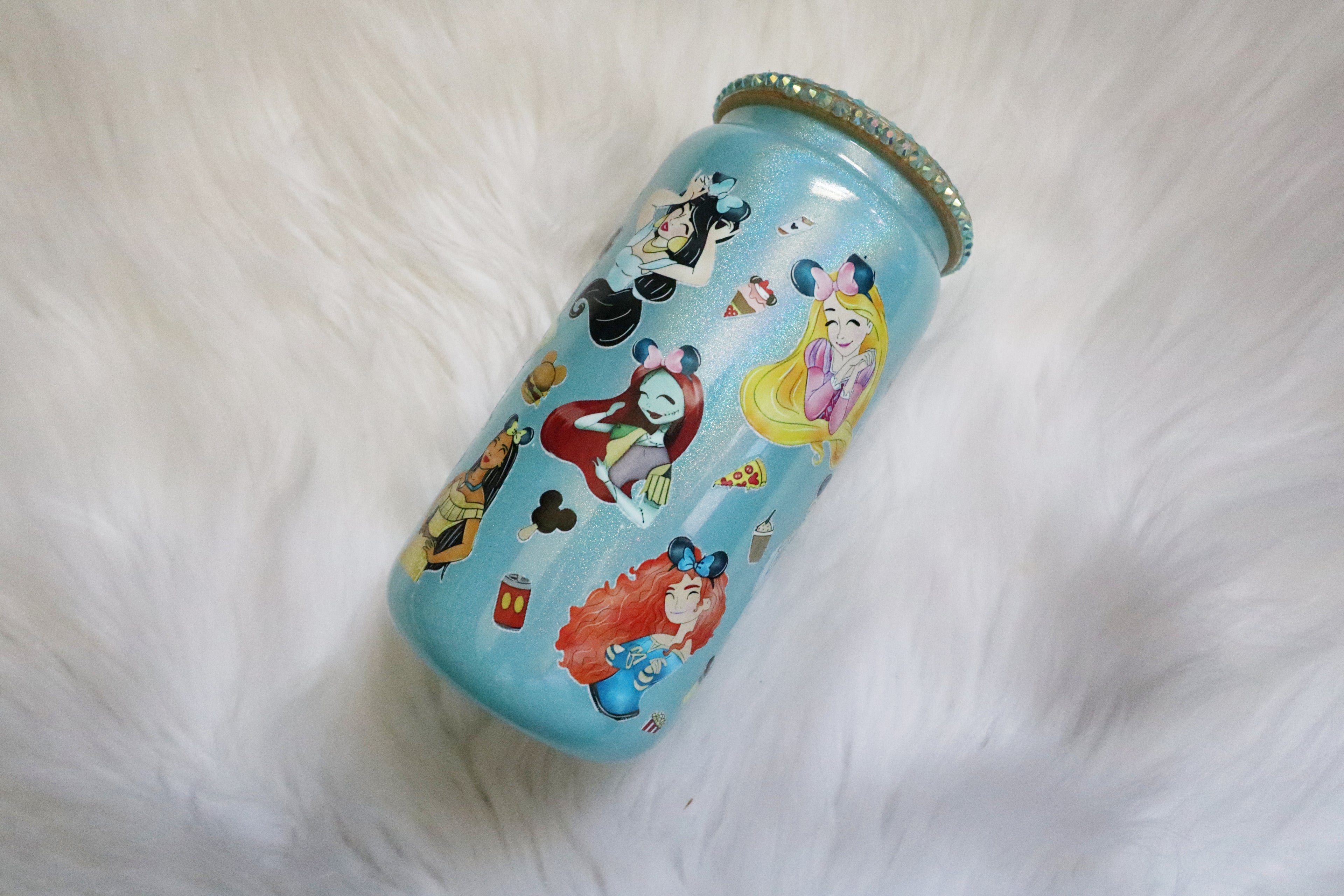 12oz Glass Can Bling Lid Tumbler - Princesses (Oopsie Tumbler - Pls Read Description)