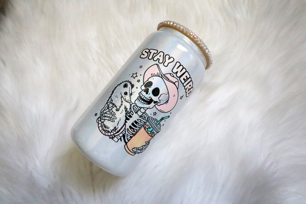 12oz Glass Can Bling Lid Tumbler - Stay Weird Skelly (Oopsie Tumbler - Pls Read Description)