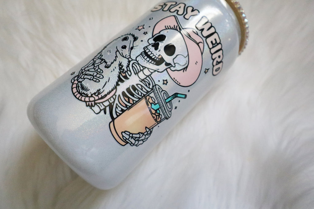 12oz Glass Can Bling Lid Tumbler - Stay Weird Skelly (Oopsie Tumbler - Pls Read Description)