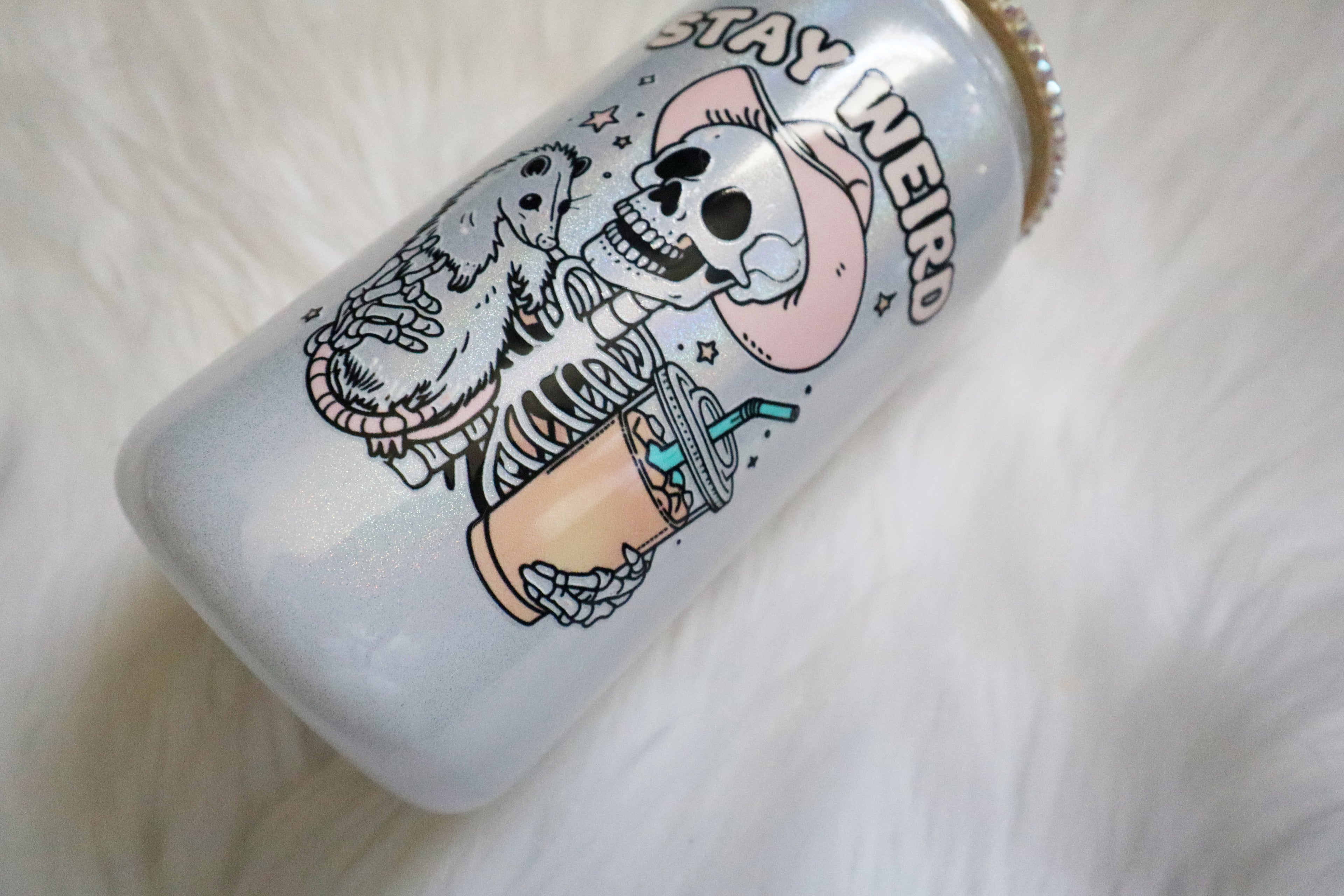 12oz Glass Can Bling Lid Tumbler - Stay Weird Skelly (Oopsie Tumbler - Pls Read Description)