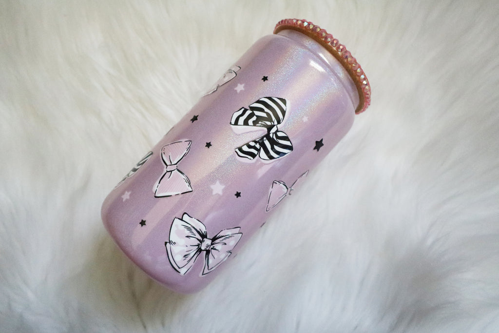 12oz Glass Can Bling Lid Tumbler - Bows (Oopsie Tumbler - Pls Read Description)