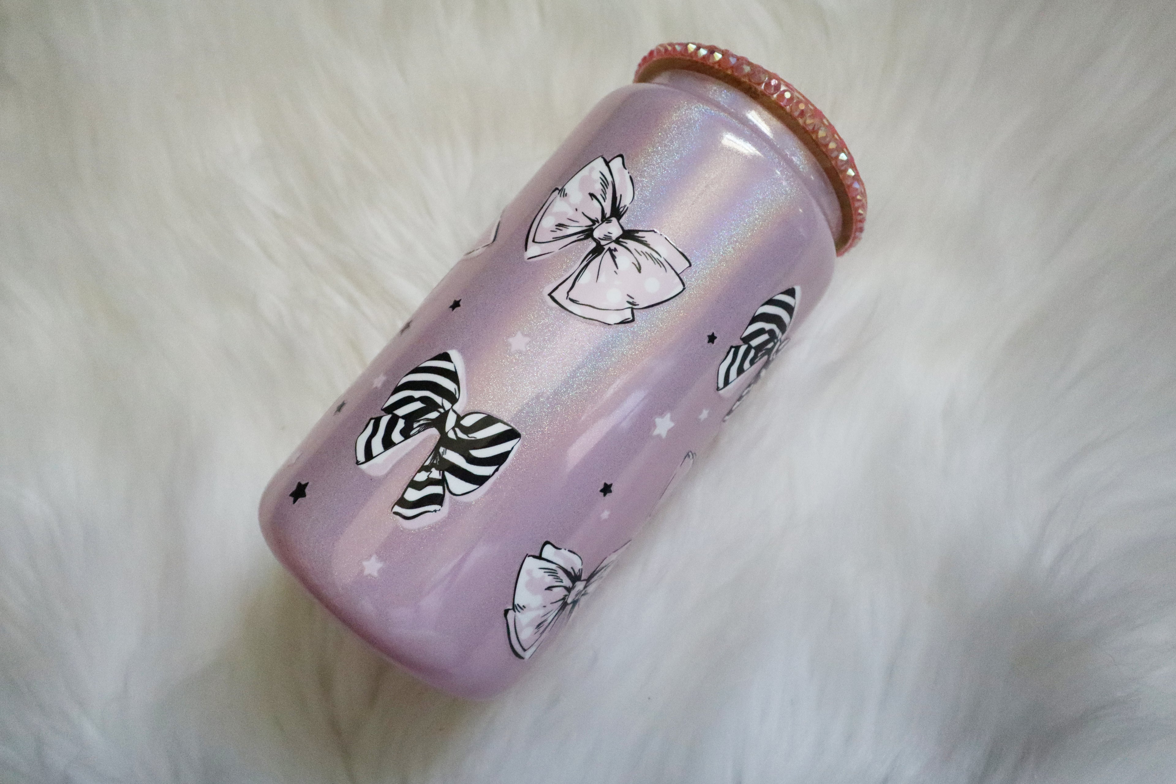 12oz Glass Can Bling Lid Tumbler - Bows (Oopsie Tumbler - Pls Read Description)