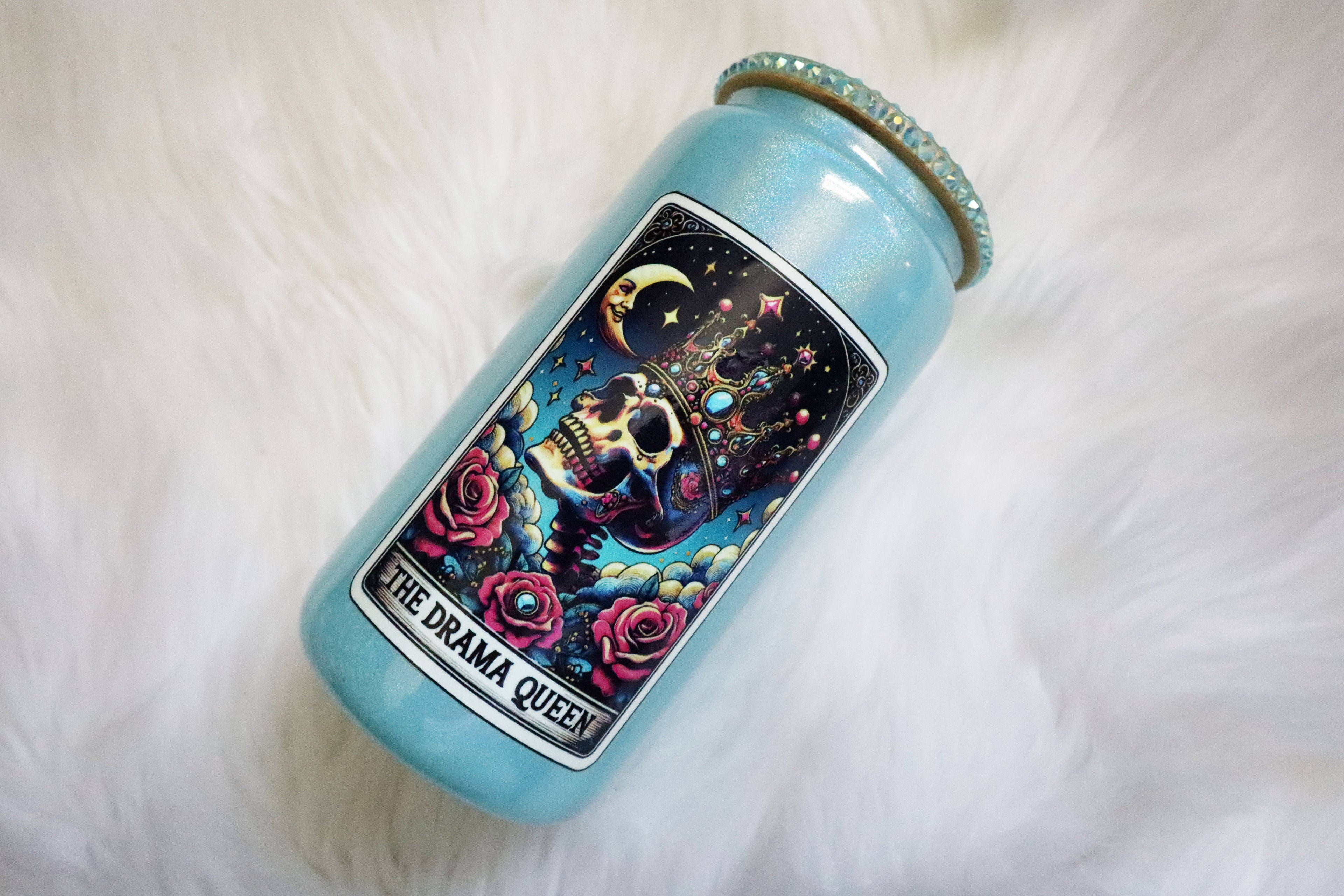 12oz Glass Can Bling Lid Tumbler - Drama Queen (Oopsie Tumbler - Pls Read Description)