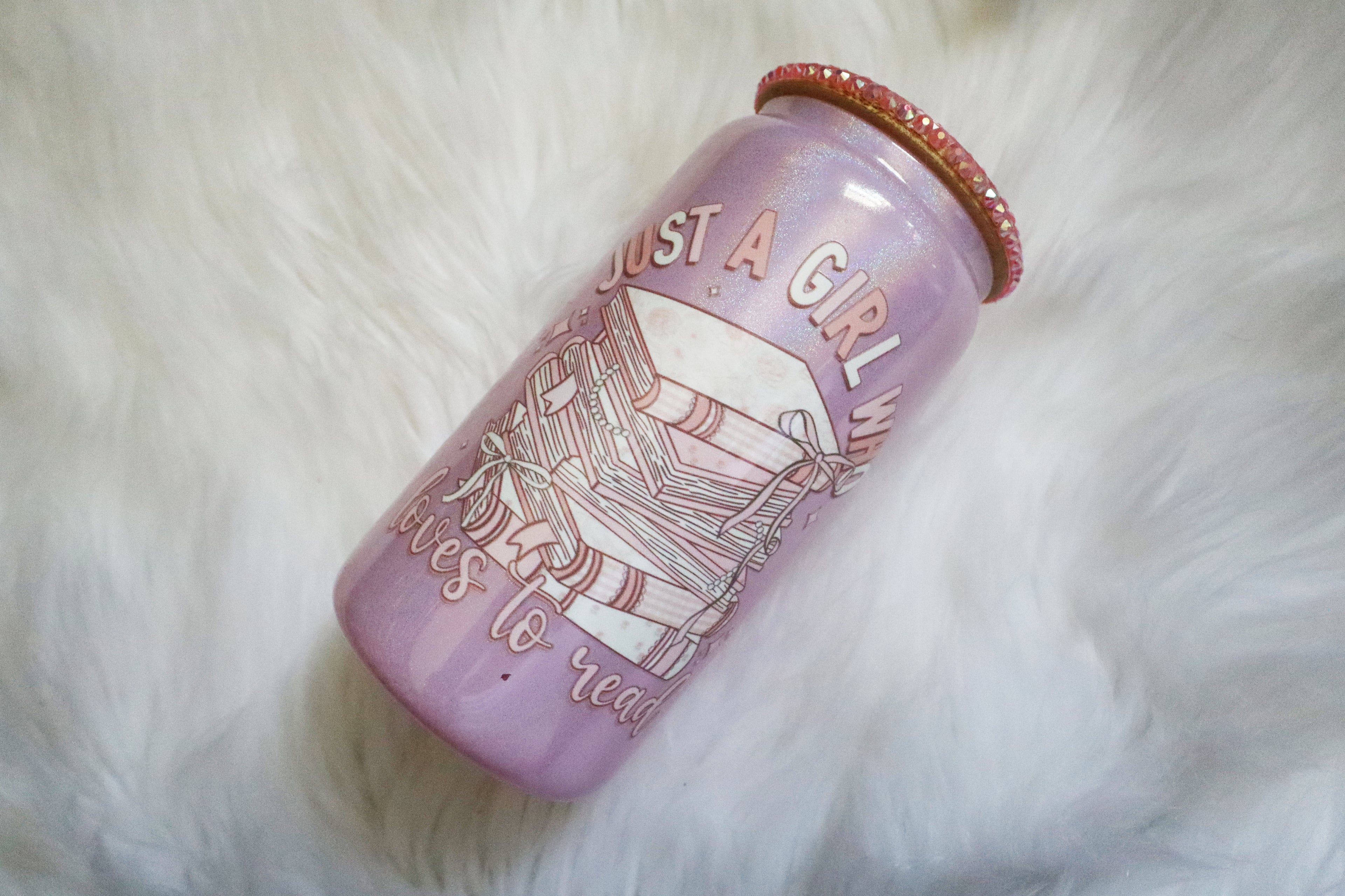 12oz Glass Can Bling Lid Tumbler - Loves to Read (Oopsie Tumbler - Pls Read Description)