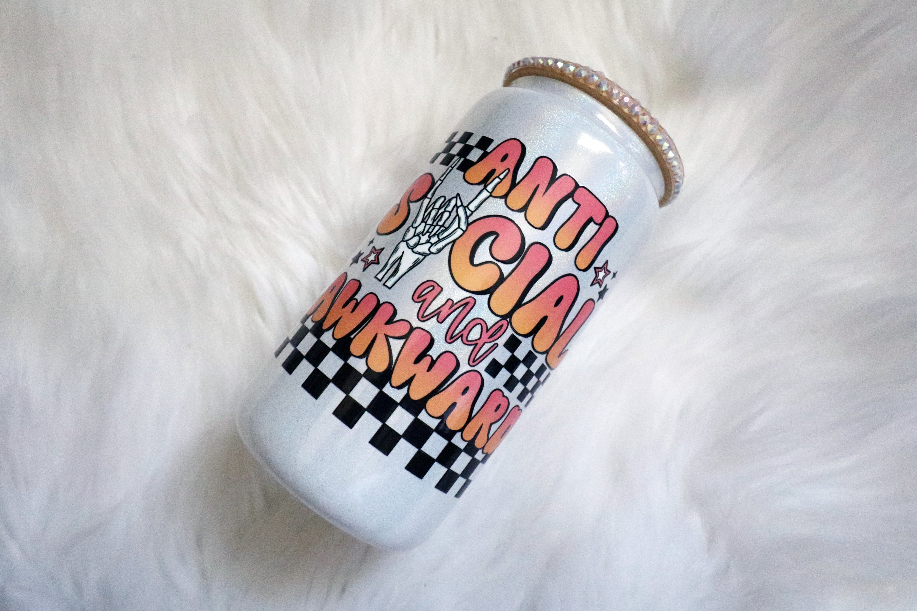 12oz Glass Can Bling Lid Tumbler - Anti-Social & Awkward (Oopsie Tumbler - Pls Read Description)
