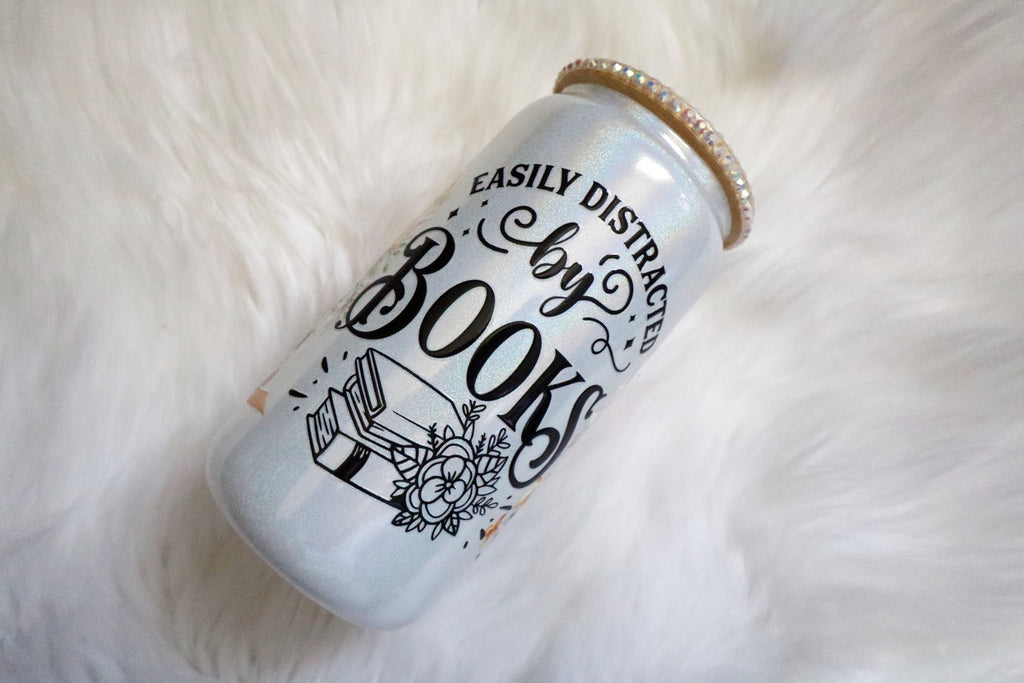12oz Glass Can Bling Lid Tumbler - Easily Distracted by Books (Oopsie Tumbler - Pls Read Description)