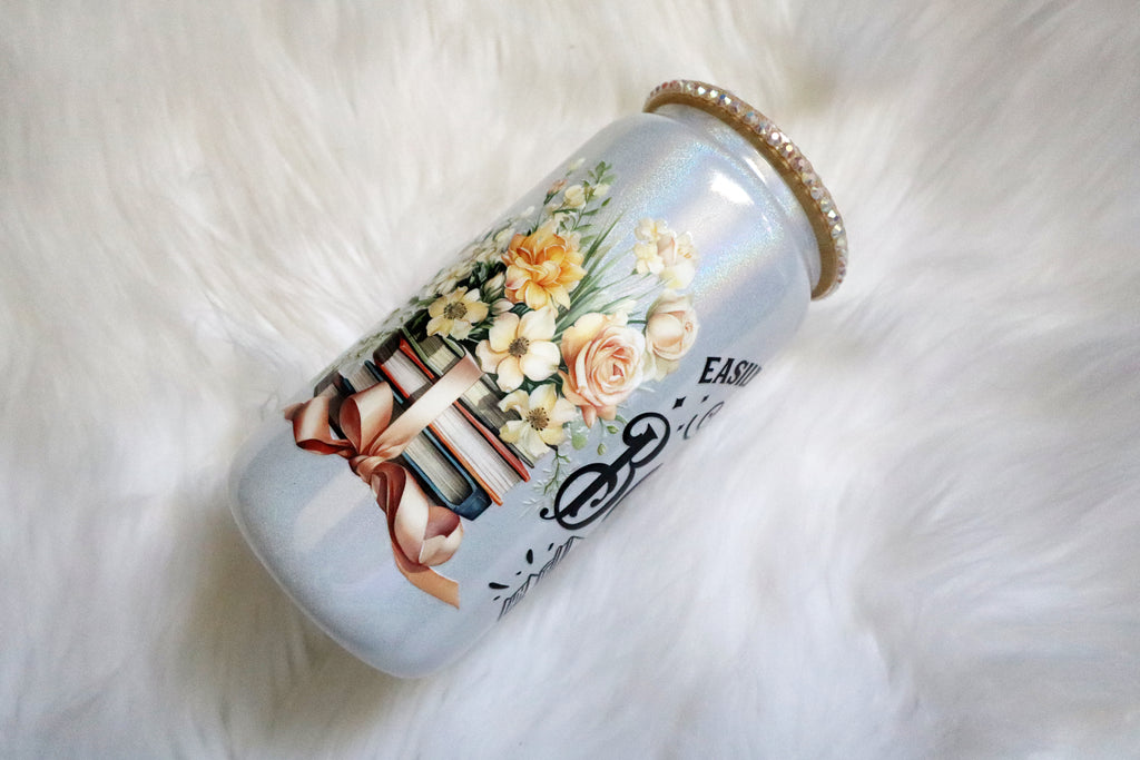 12oz Glass Can Bling Lid Tumbler - Easily Distracted by Books (Oopsie Tumbler - Pls Read Description)