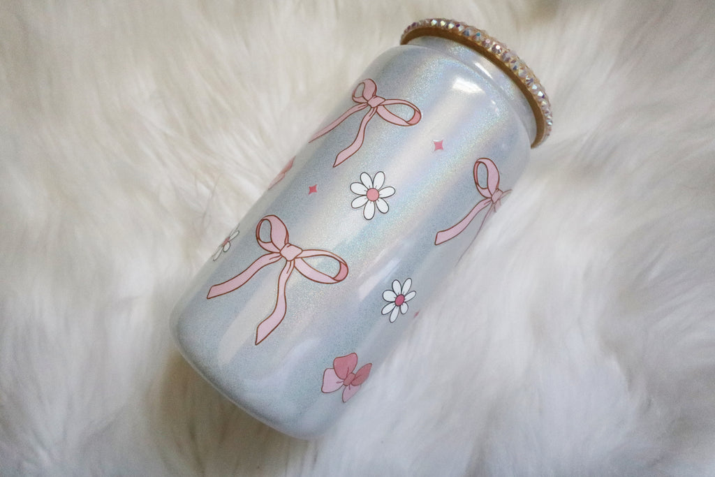 12oz Glass Can Bling Lid Tumbler - Bows (Oopsie Tumbler - Pls Read Description)