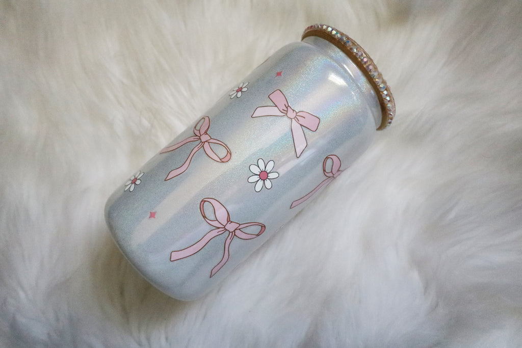 12oz Glass Can Bling Lid Tumbler - Bows (Oopsie Tumbler - Pls Read Description)