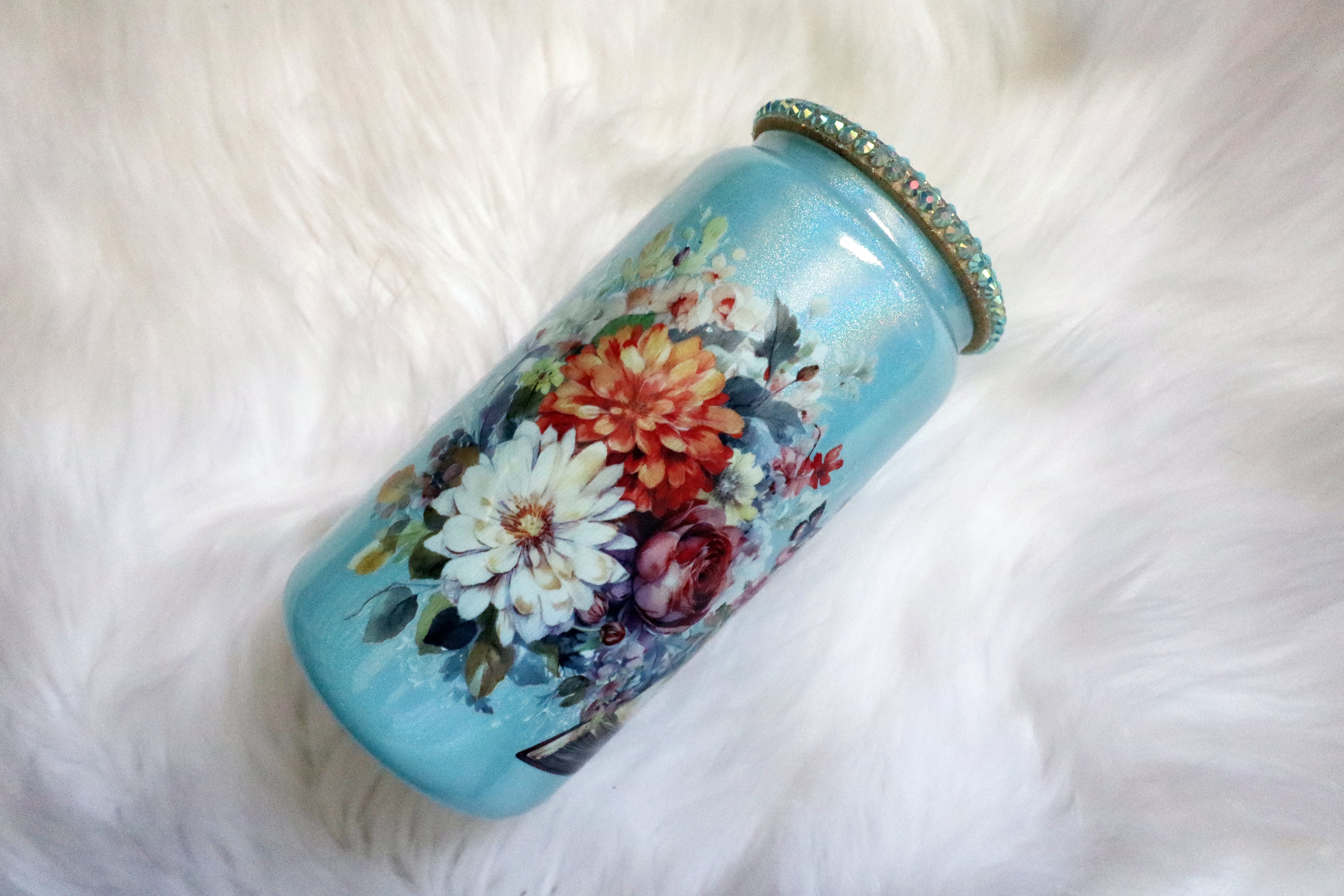 12oz Glass Can Bling Lid Tumbler - Floral Book (Oopsie Tumbler - Pls Read Description)