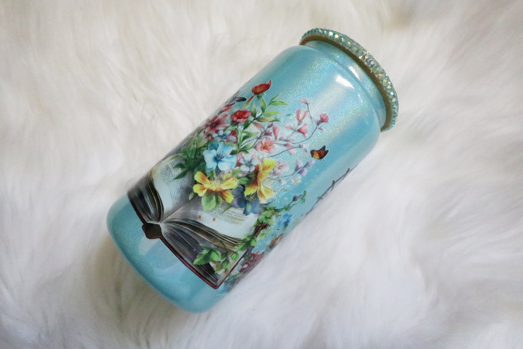 12oz Glass Can Bling Lid Tumbler - Floral Book (Oopsie Tumbler - Pls Read Description)