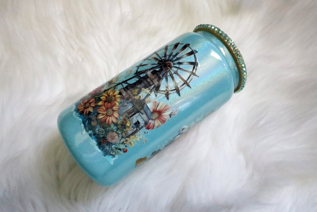 12oz Glass Can Bling Lid Tumbler - Floral Book (Oopsie Tumbler - Pls Read Description)
