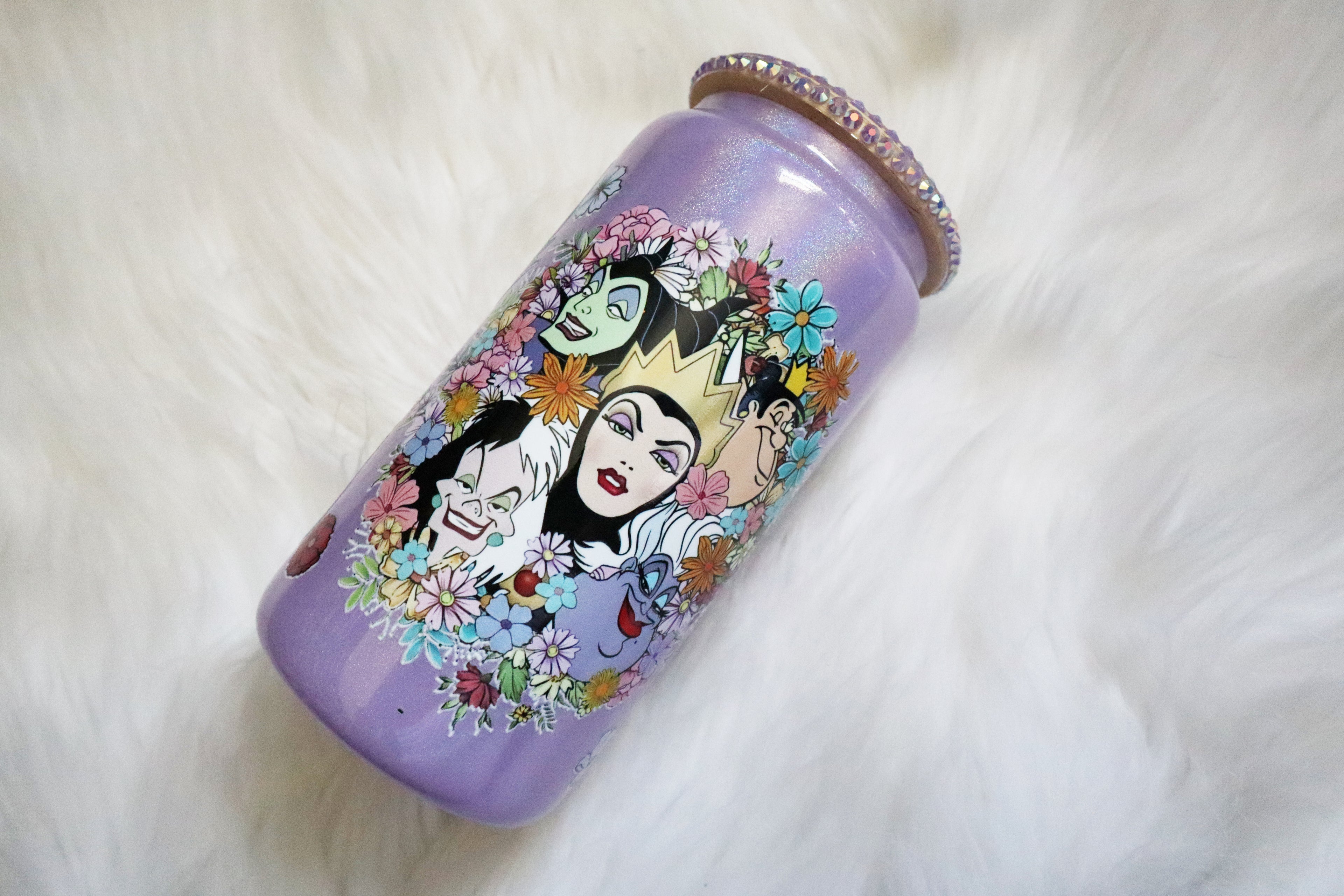 12oz Glass Can Bling Lid Tumbler - Floral Villains (Oopsie Tumbler - Pls Read Description)