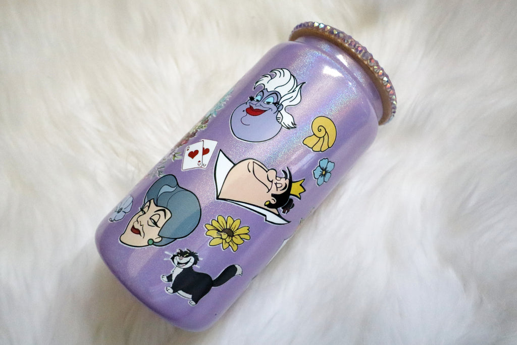 12oz Glass Can Bling Lid Tumbler - Floral Villains (Oopsie Tumbler - Pls Read Description)