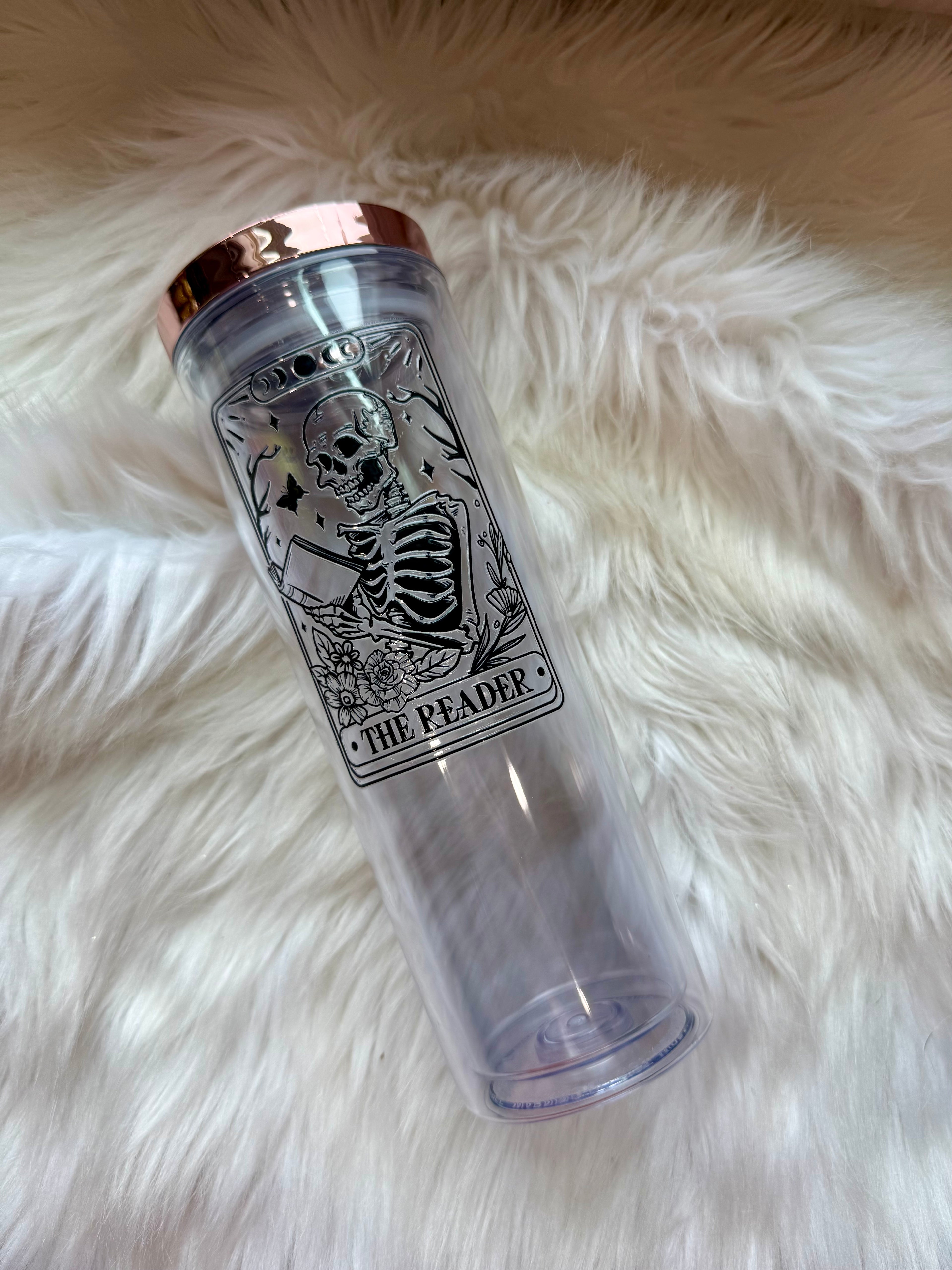 12oz Skinny Acrylic Tumbler - The Reader Skelly