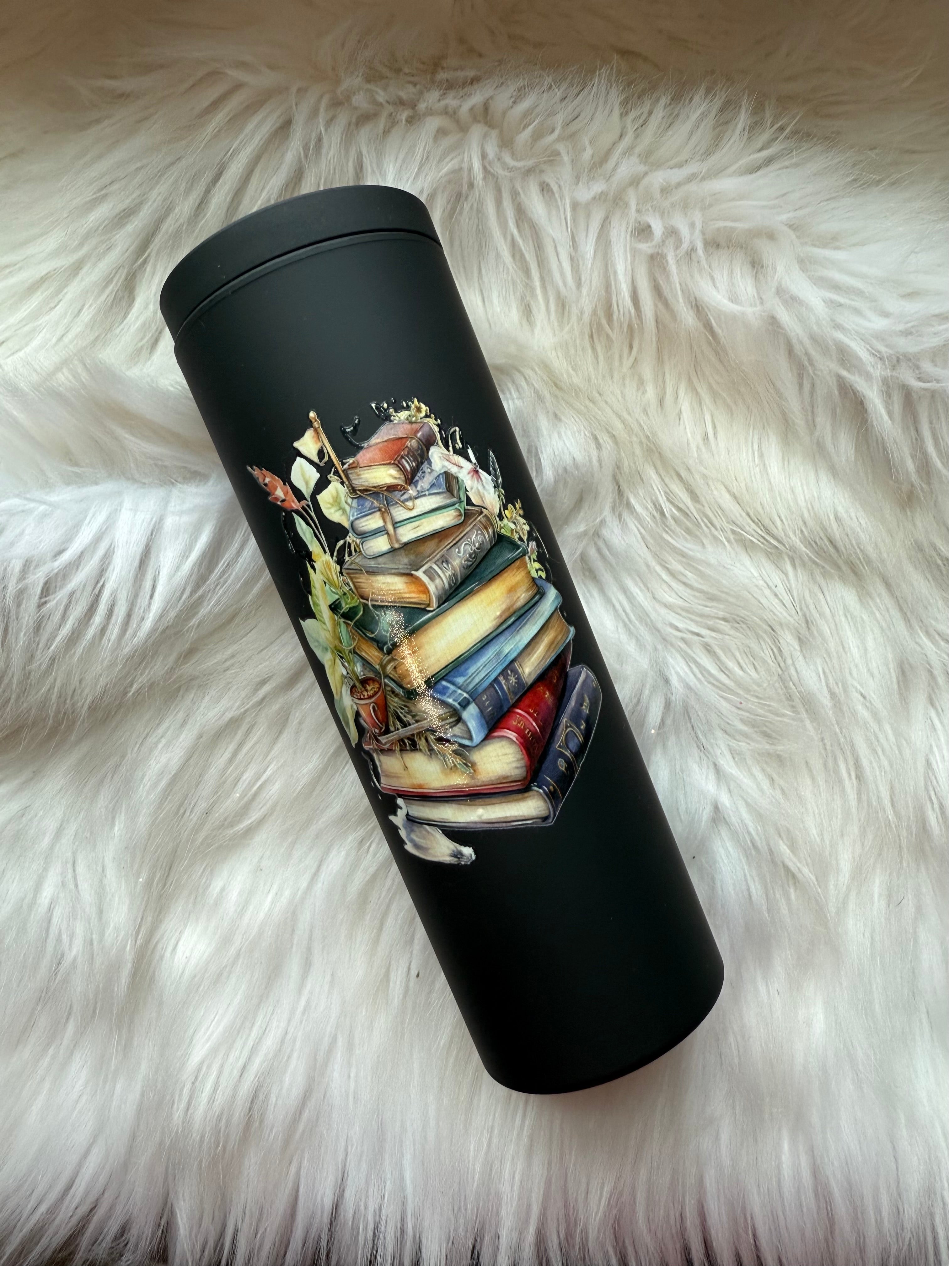 16oz Matte Black Plastic Tumbler - Book Stack